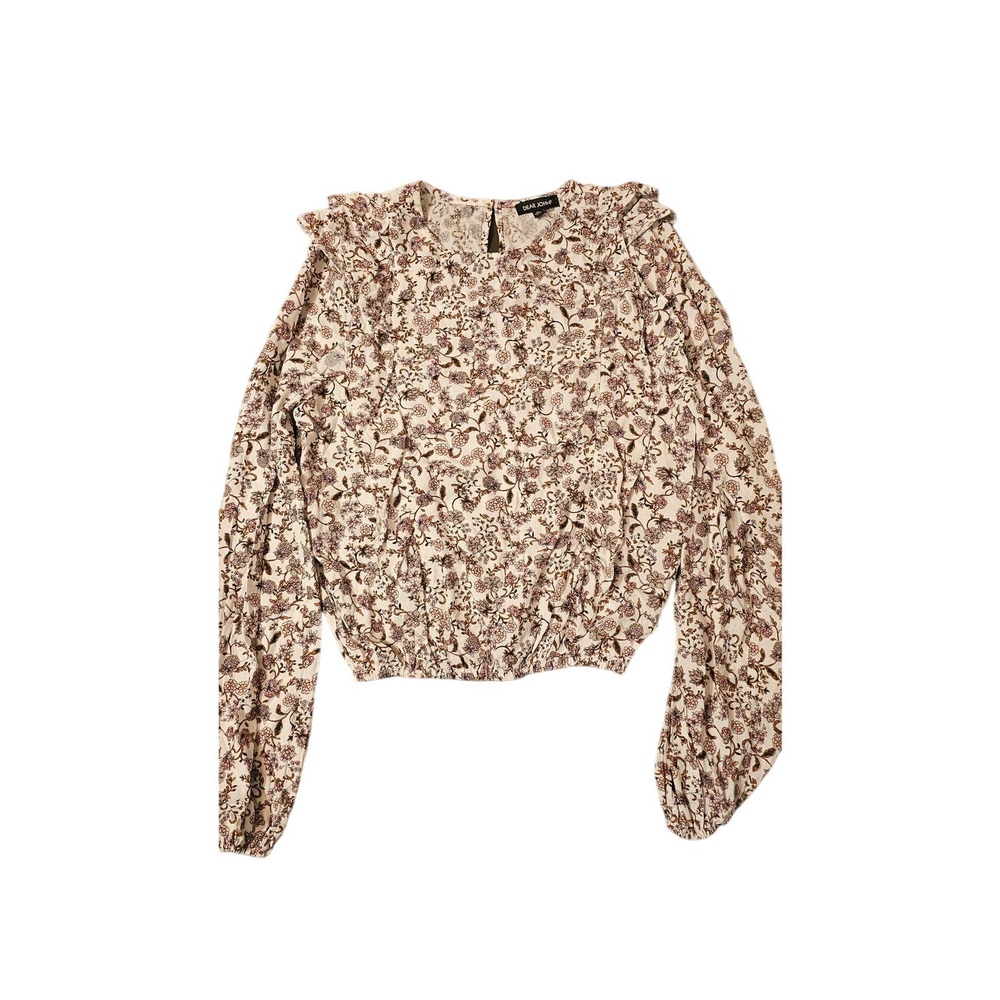 Dear John crop long‎ sleeve tan/brown and pink floral women's blouse size XS